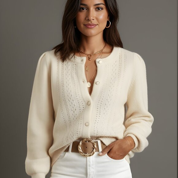 Round Neck Long Sleeve Button Front Cardigan White - Picture 1 of 5